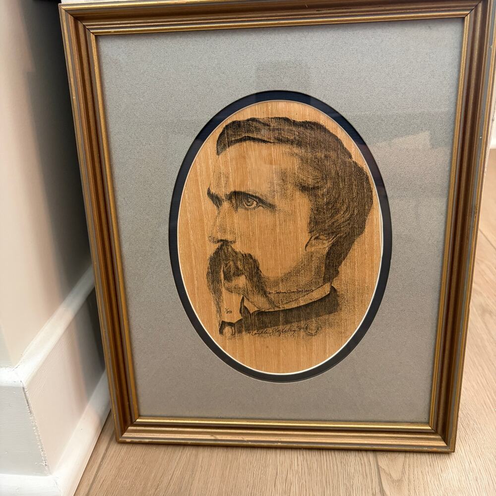 Vintage Framed Pyrography Wood-Burned Portrait Union General Joshua Chamberlain
